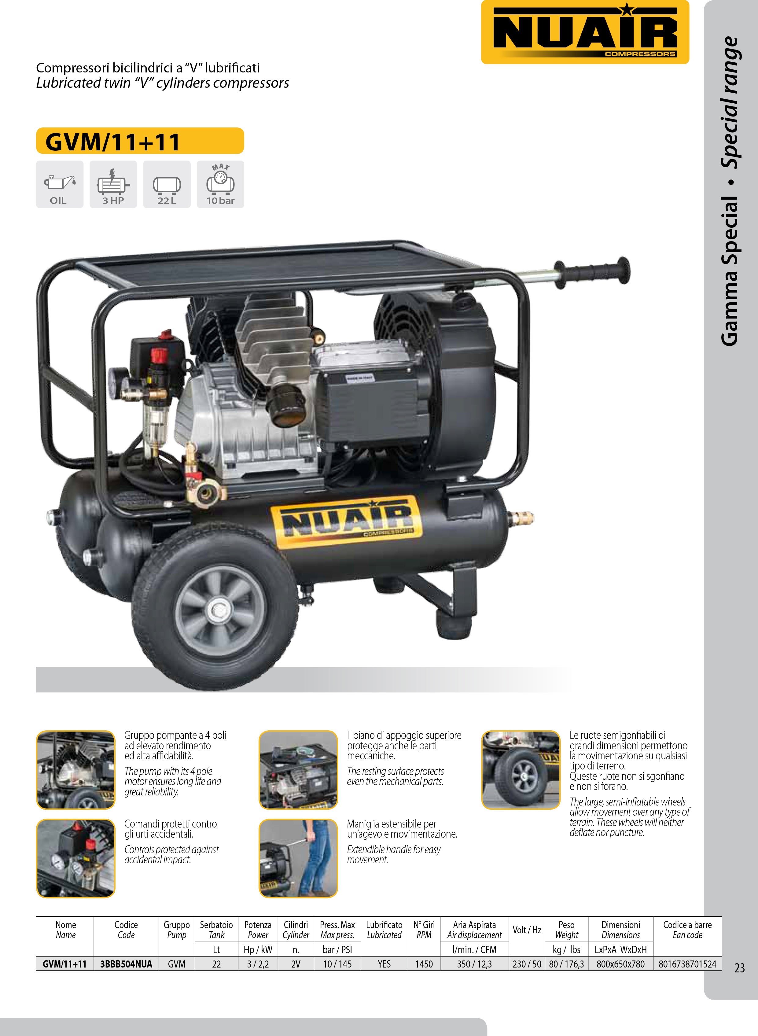 COMPRESSORE 22LT BICILINDRICO GVM/11+11 NUAIR